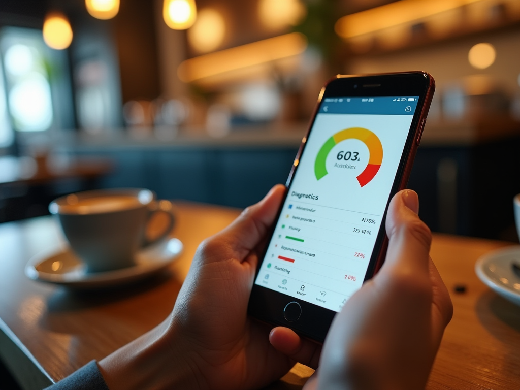 Person holding smartphone showing analytics chart, with a coffee cup in background in a café.