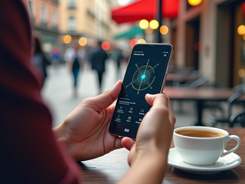 Person using an astronomy app on a smartphone at a café, with a cup of coffee on the table.