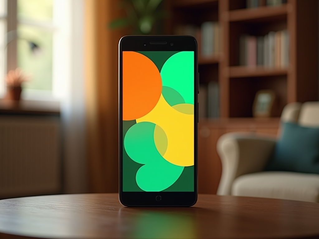 Smartphone on table displaying colorful abstract wallpaper, in a cozy living room setting.