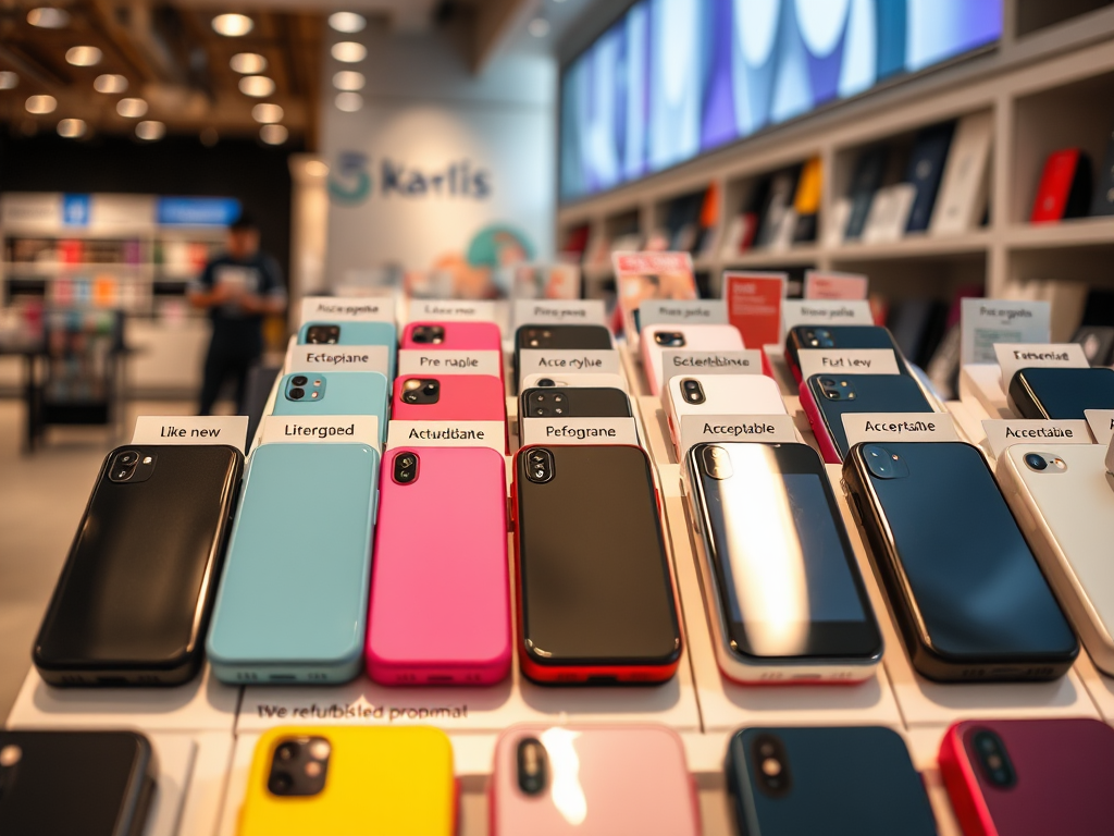 A display of refurbished smartphones in various colors, labeled with different condition categories.