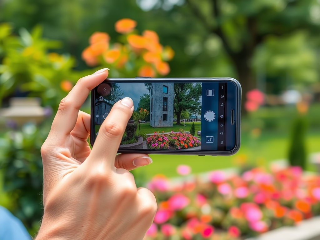 A person holding a smartphone captures a photo of a garden filled with colorful flowers.