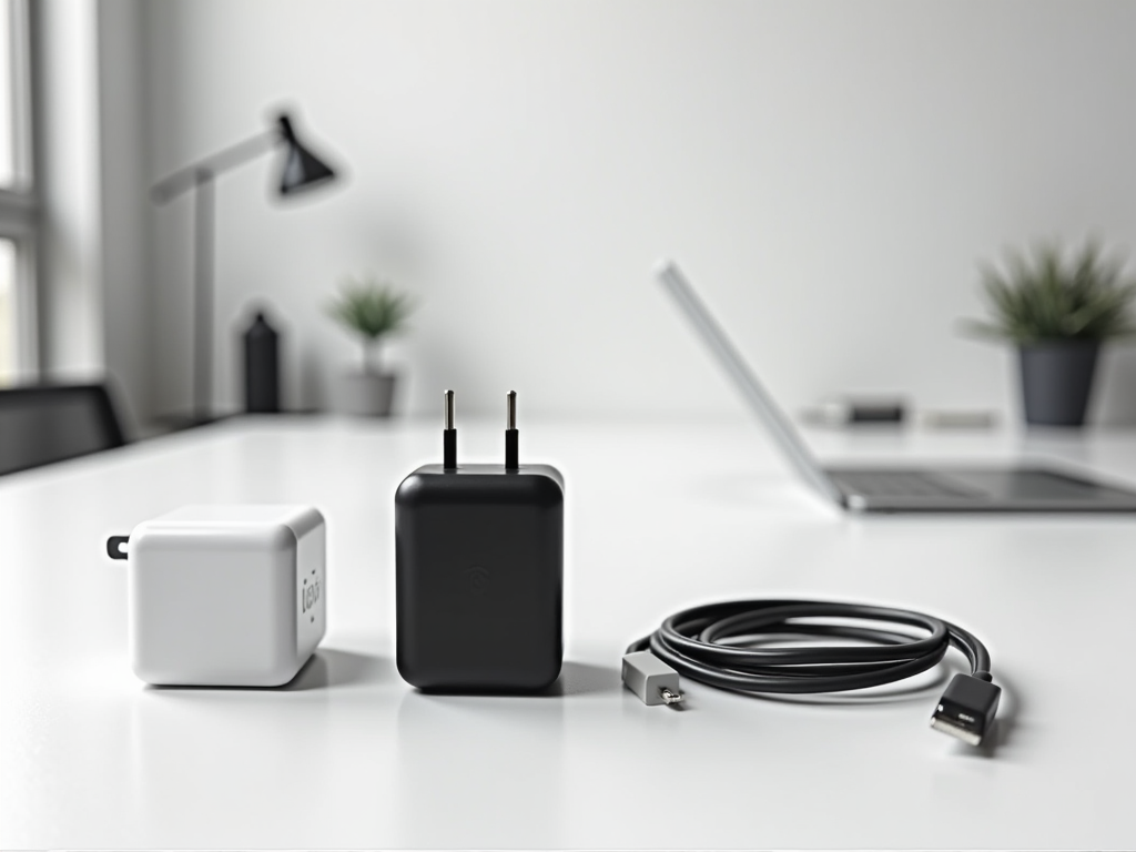 Charging adapters and cable on a modern office desk, with a laptop and lamp blurred in the background.