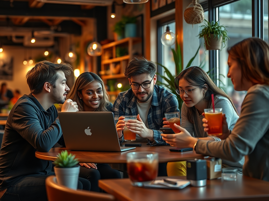 A group of five friends gather around a laptop in a cozy café, engaged in conversation and sharing drinks.