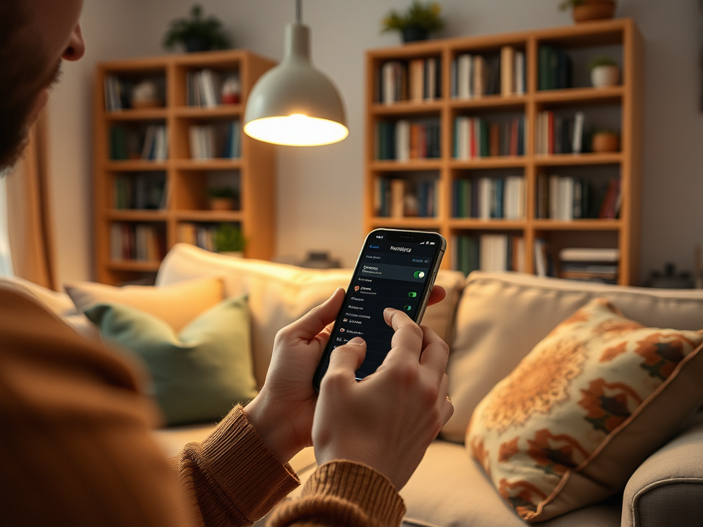 A person using a smartphone in a cozy living room with bookshelves and a soft couch in the background.