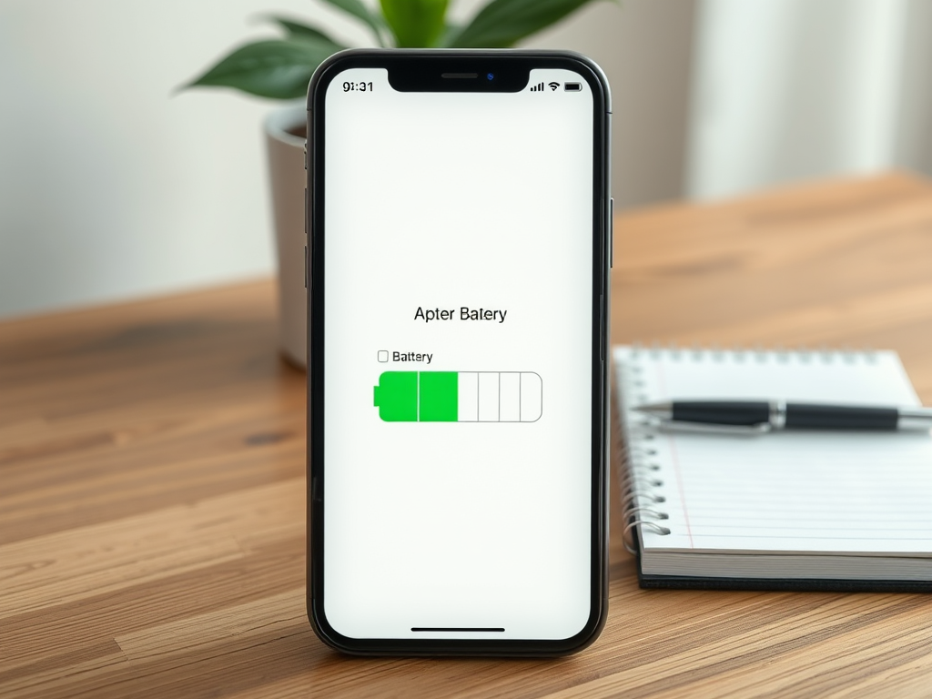 A smartphone displaying a battery status screen with a green battery icon, placed on a wooden desk next to a notebook and pen.
